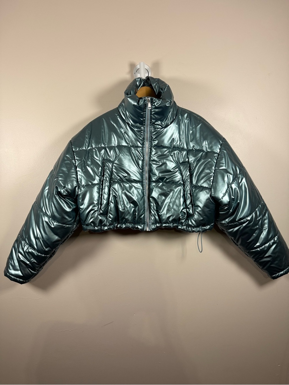 Urban Outfitters Metallic Teal Cropped Puffer Jacket